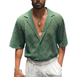 Ropa de moda para hombre Camisa informal de solapa de manga corta transpirable y hueca para hombre