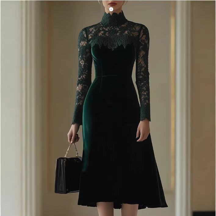 Women's dark green velvet midi dress with lace high neck