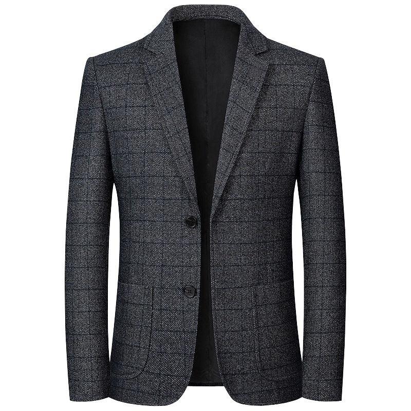 Dark gray plaid single-breasted blazer with notch lapel and two front buttons