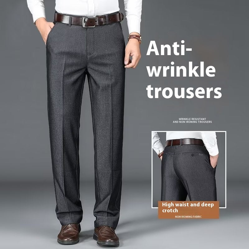 Men's charcoal-gray suit trousers with belt, straight-leg front view