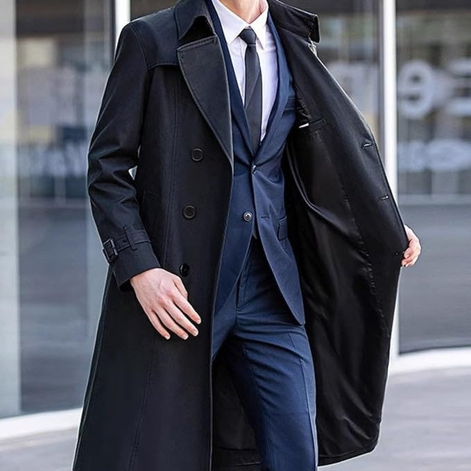 Long double-breasted trench coat in dark navy with belt, notched lapels