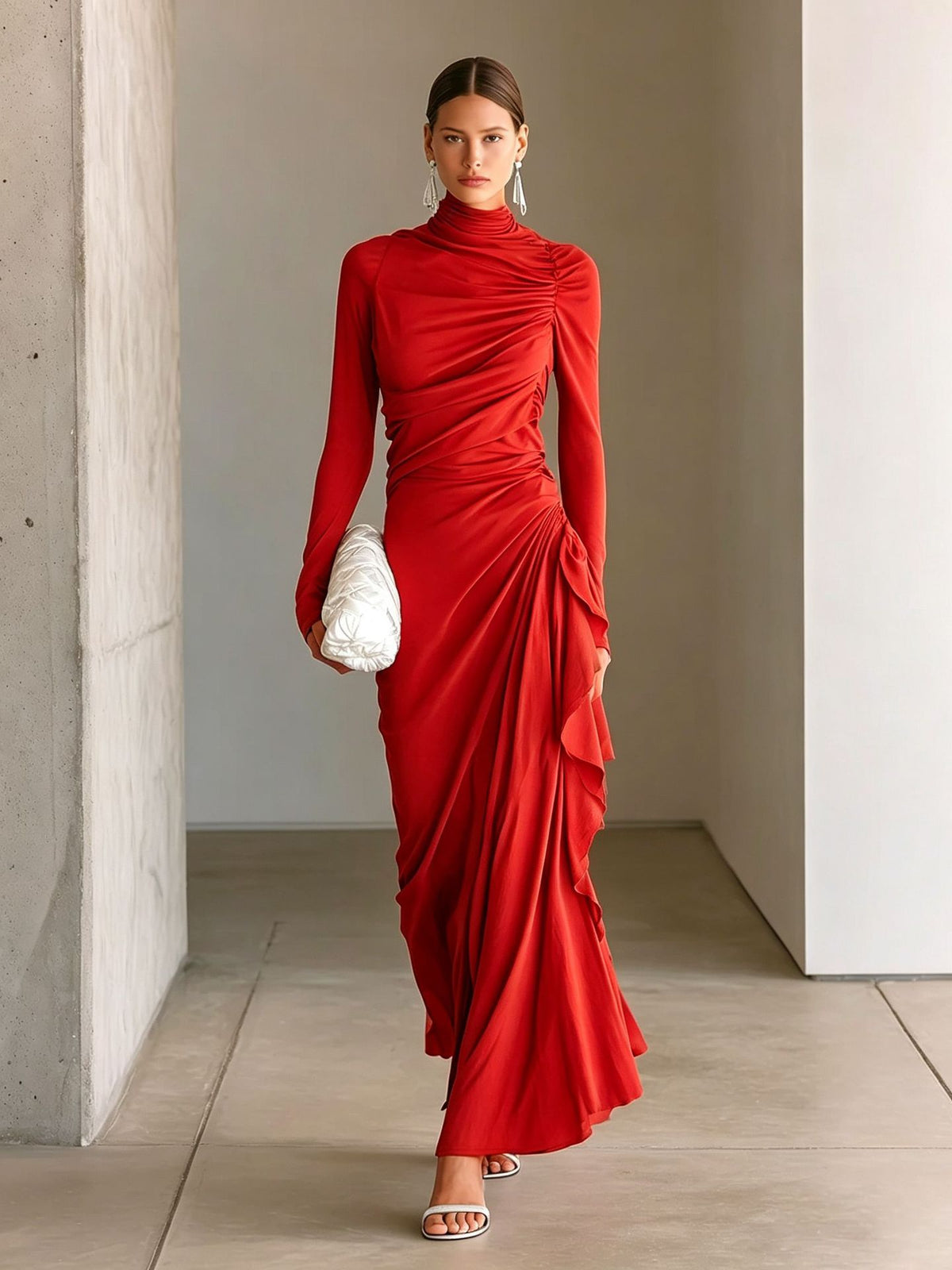 High-neck pleated slim-fit long-sleeve dress in red with wrapped drape skirt