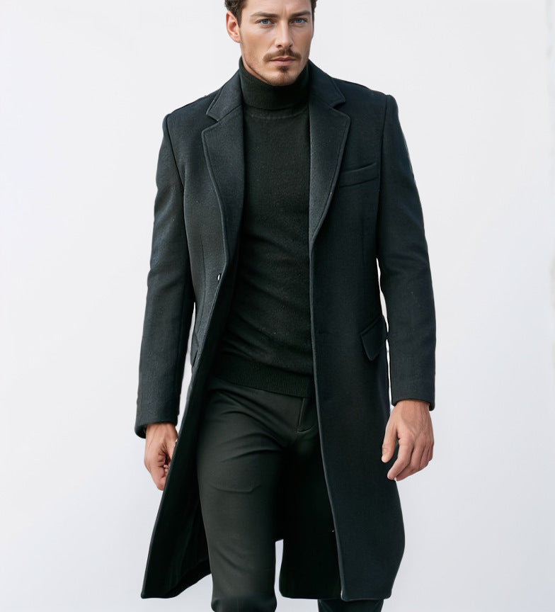 Black long wool coat with notched lapels and flap pockets