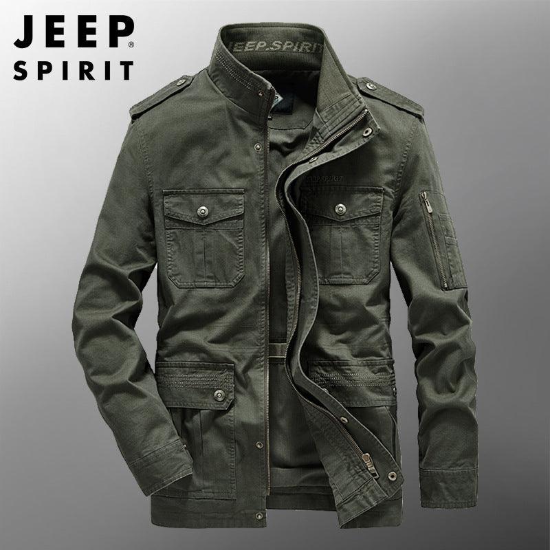 Men's cotton multi-pocket coat in olive green, front zip and multiple flap pockets