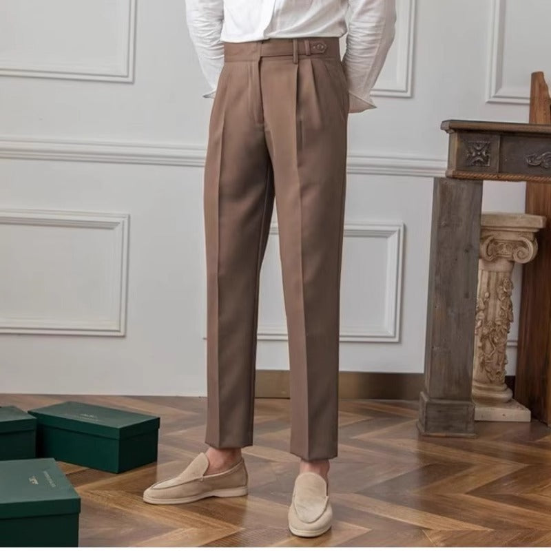 Brown tailored casual pants with belt loops and front pleats