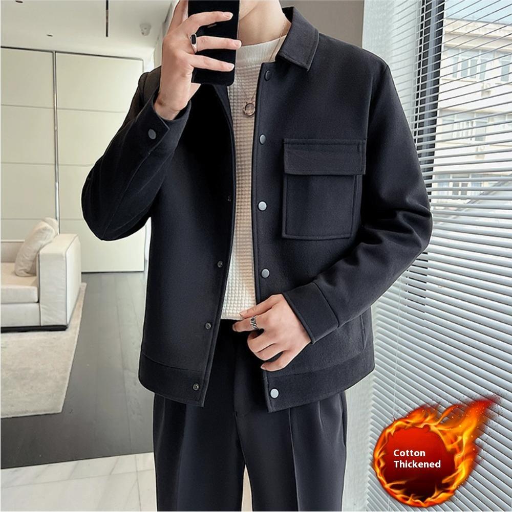 Black short wool overcoat with pointed collar, button front, chest and side pockets