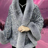 Fleece-lined Thicken Big Fur Collar Sequined Shawl