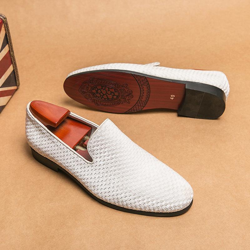 Men's driving loafers, white textured fabric upper with orange-brown tongue and dark sole