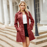 Mid-length Leather Coat With Belt Fashion - WOMONA.COM