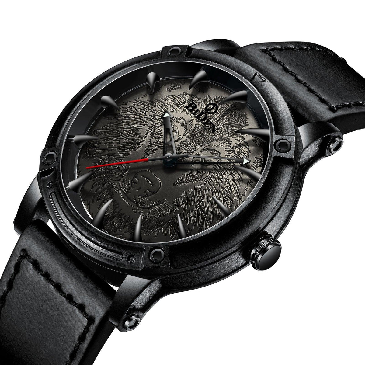 Men's quartz wristwatch close-up with black case, black leather strap, wolf-pattern dial.