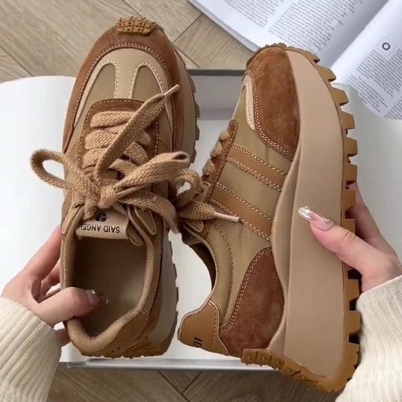 Khaki suede lace-up platform dad sneakers with chunky lug sole and padded collar