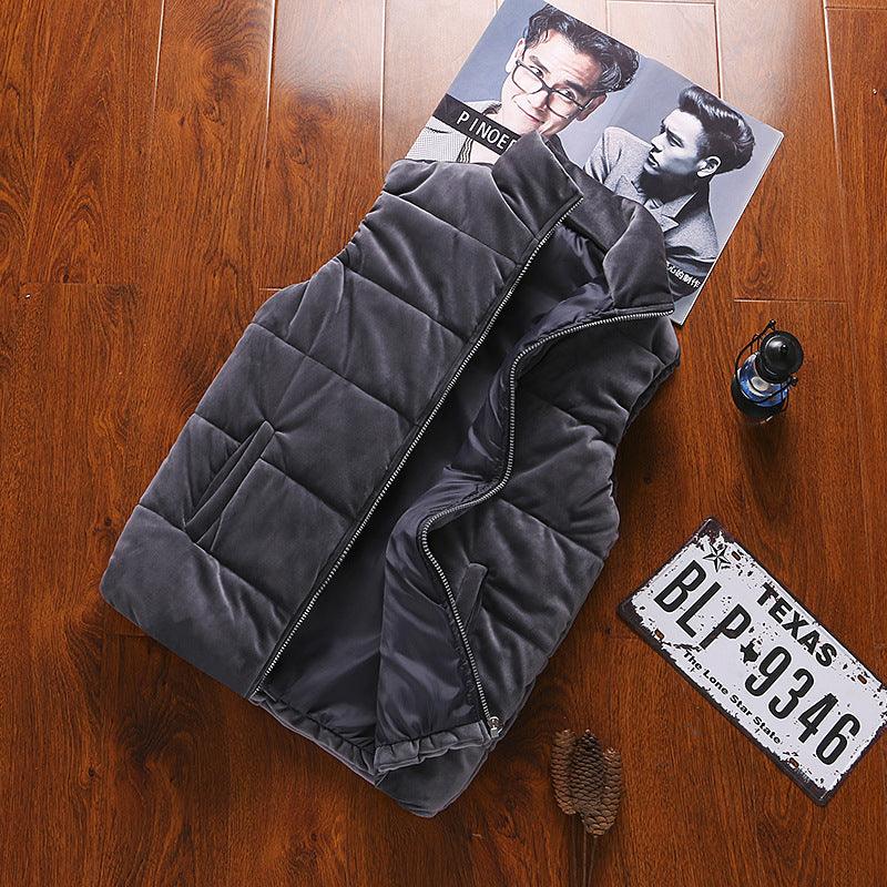 Men's velvet solid-color puffer vest, gray, full-zip with stand collar