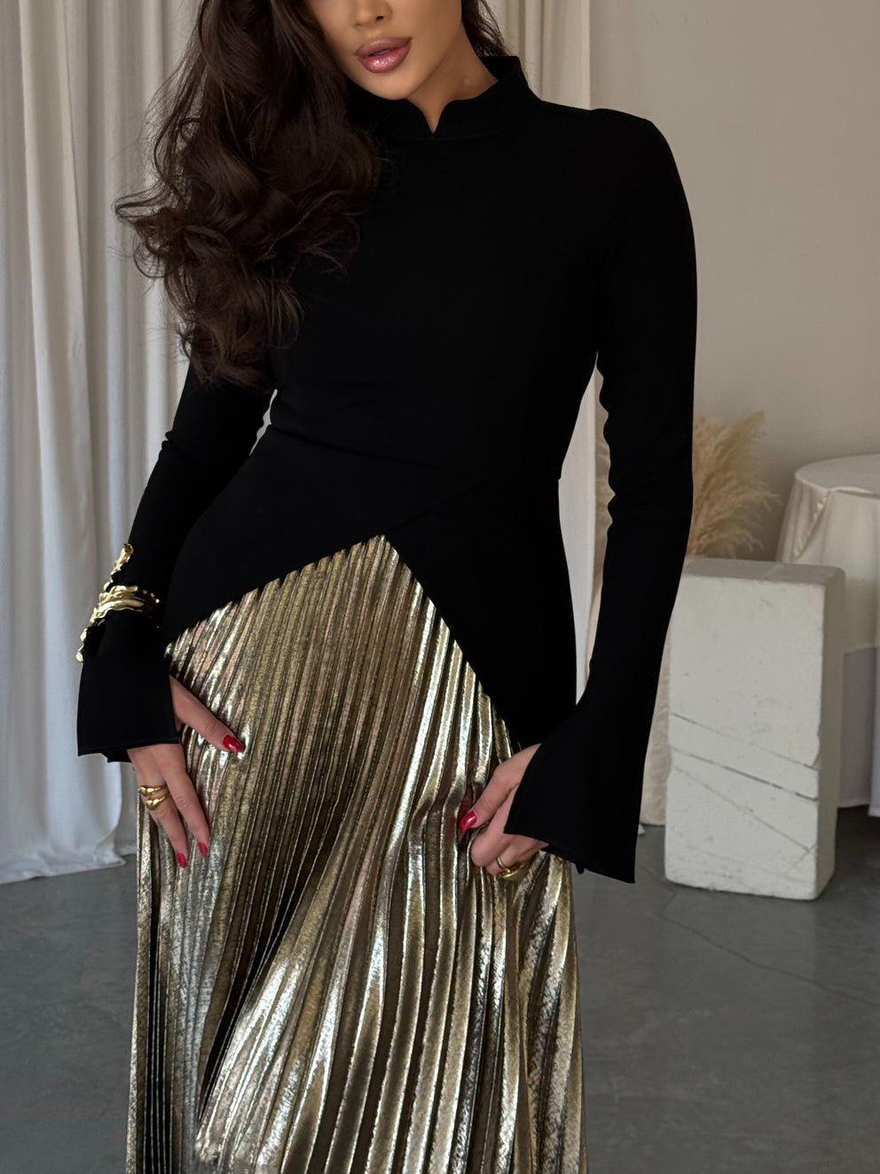 Black Bell-Sleeve Top with Pleated-Skirt Styling – product image 3