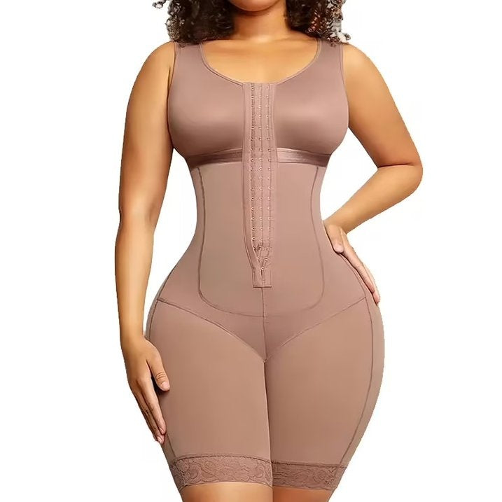 Women’s beige sleeveless shapewear bodysuit with front zipper panel and lace leg hem