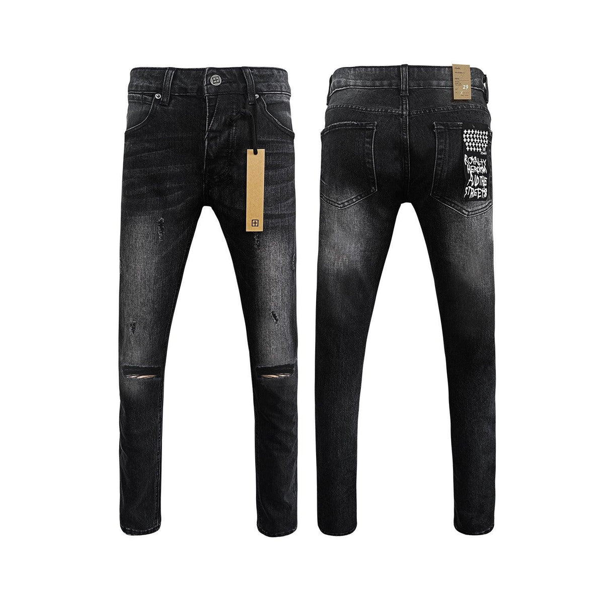 Men's black ripped stretch jeans with subtle distressing and back pocket graphic detail