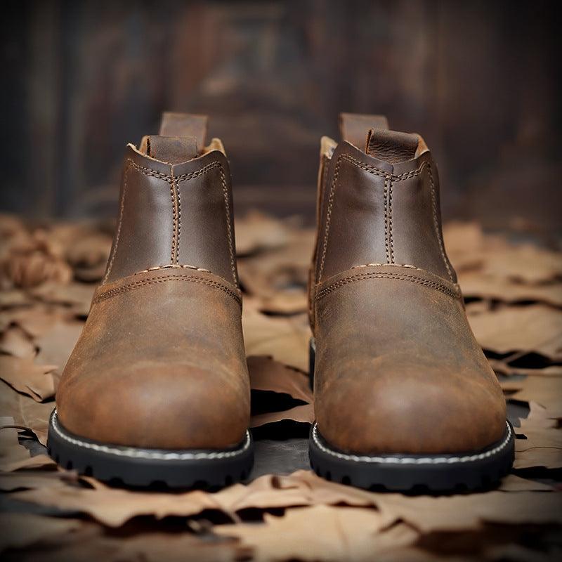 Men Leather Ankle Boots Round Toe Hiking Shoes - WOMONA.COM