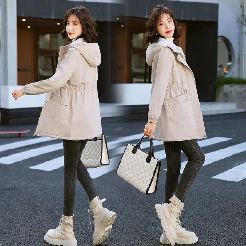 Fleece-lined hooded trench coat, light beige with button placket and pouch pockets