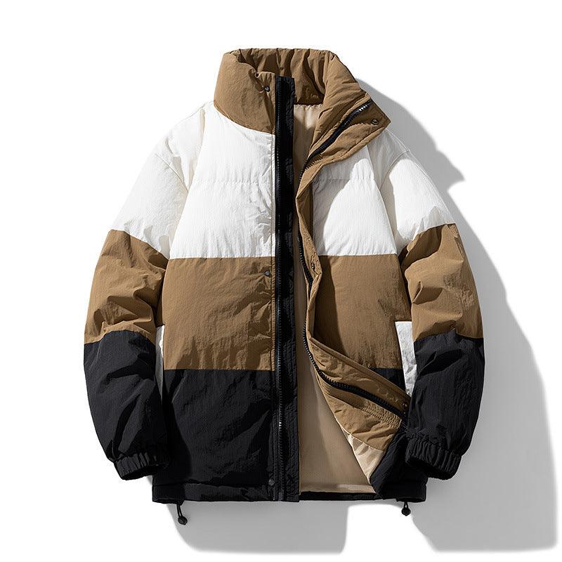 Men's cotton-padded winter coat, white upper, beige center, black sides, full front zip