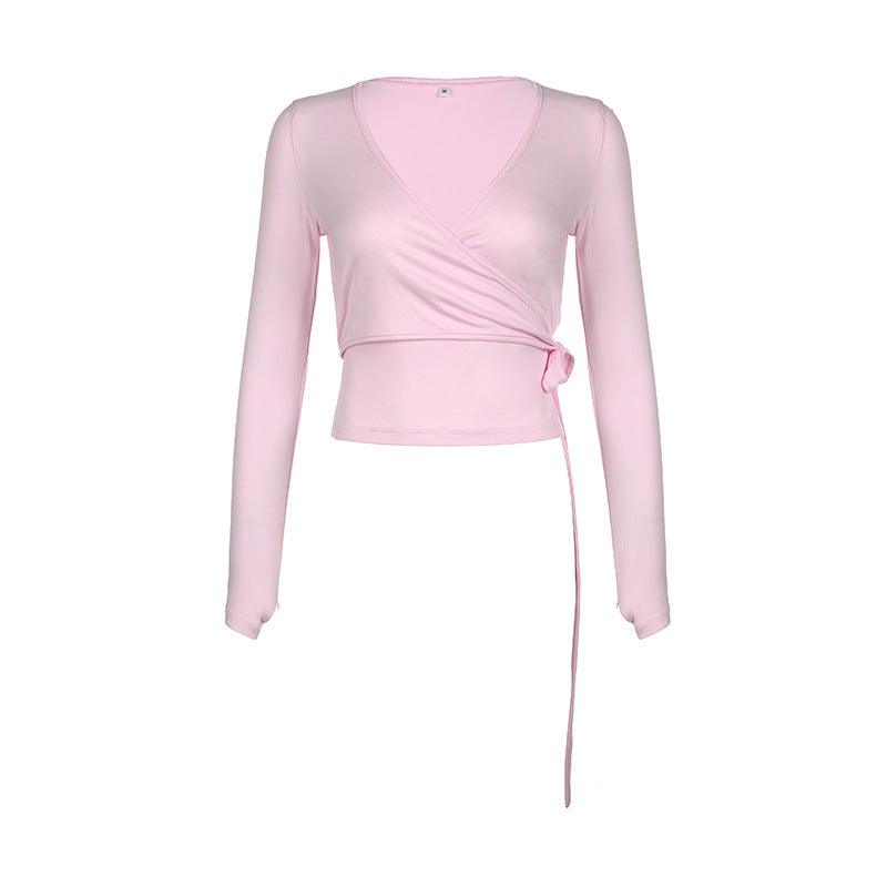 Street Style Sexy Cross V-neck Long Sleeve Tied T-shirt - WOMONA.COM