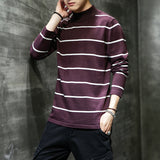 Men's Striped Sweater With Half Turtleneck - WOMONA.COM