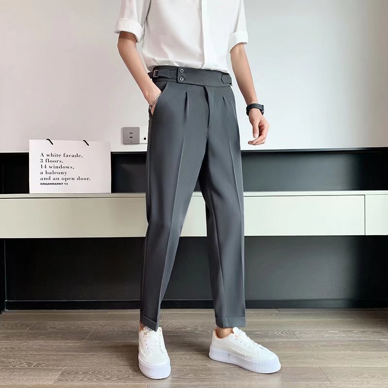 Men’s high-waisted straight trousers in dark gray with belt loops and ankle-length hem