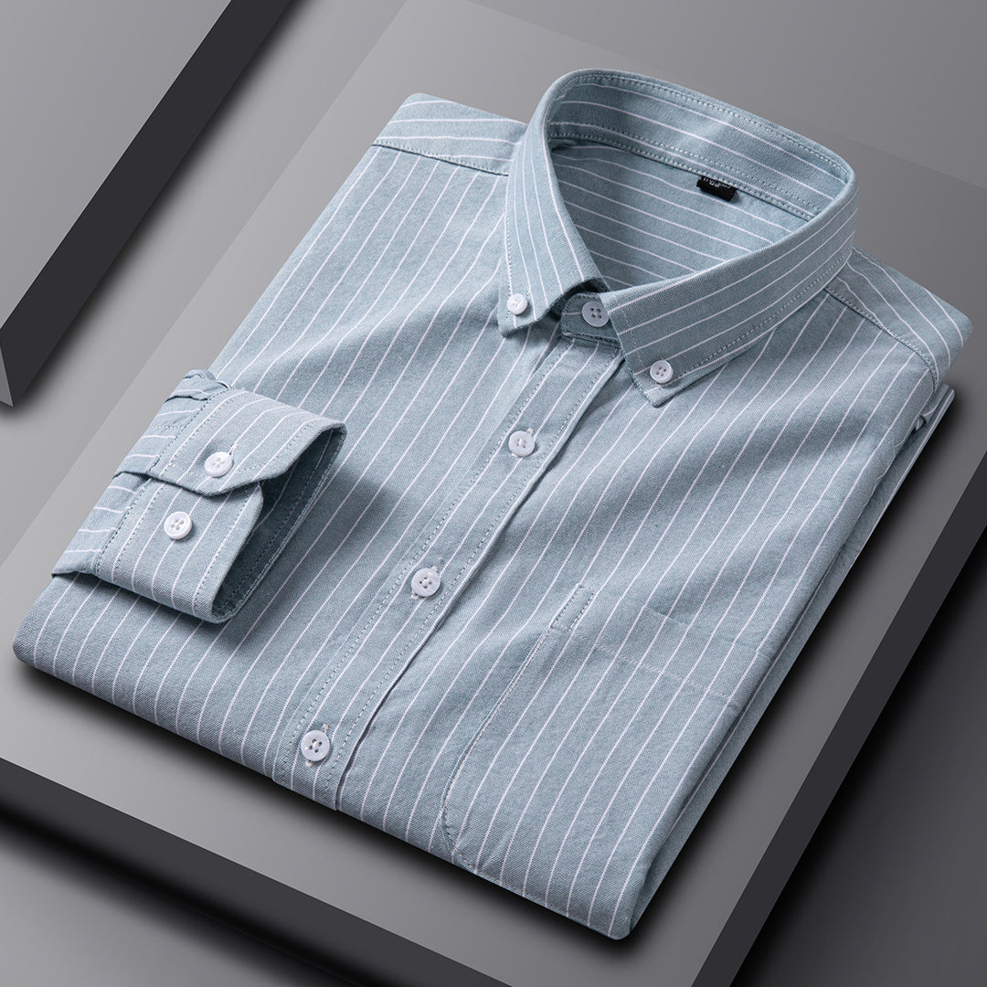 Men's cotton long sleeve oxford shirt, light blue pinstripe, button-up front and cuffs