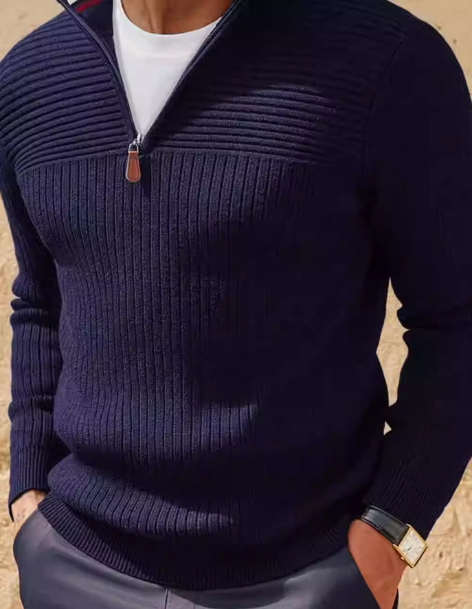 Men's Ribbed Navy Quarter-Zip Sweater, Navy Blue - product view 5