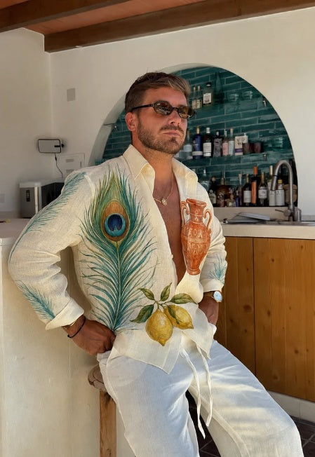 Oversized white shirt with peacock feather and lemon botanical print, long sleeves