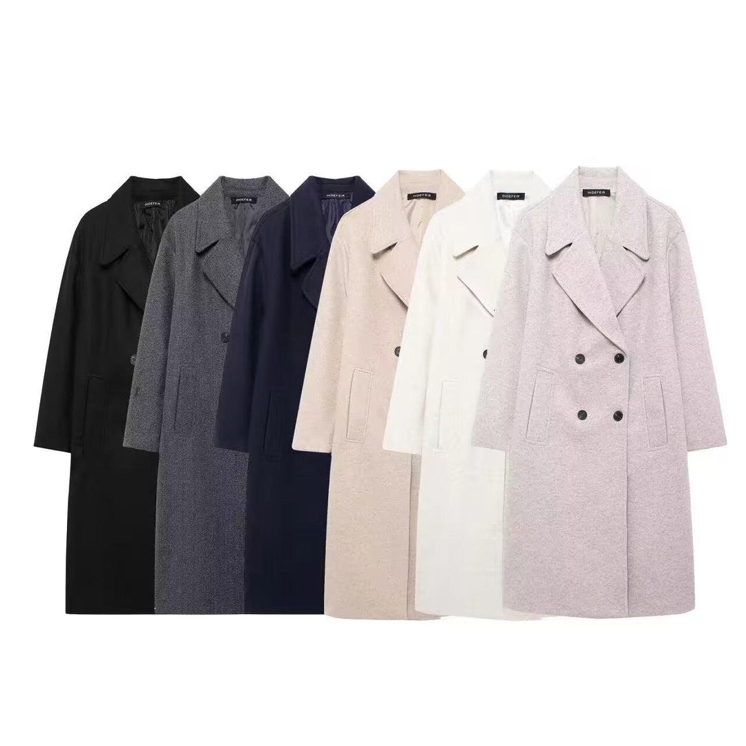 Women’s solid color overcoat rack: loose fit, notched lapel, double-breasted, multiple colors