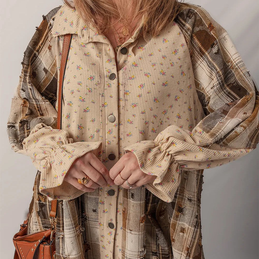 Boho floral plaid button-up top with cream knit body, long puff sleeves, ruffle cuffs
