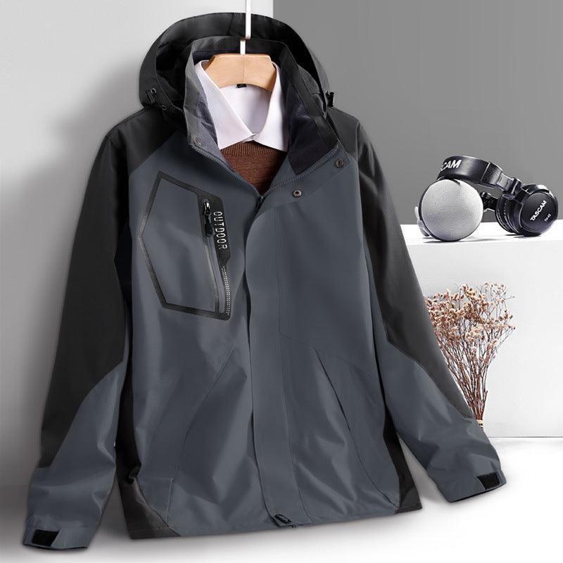 Thin windproof waterproof shell jacket, dark gray/black with zip front and hood