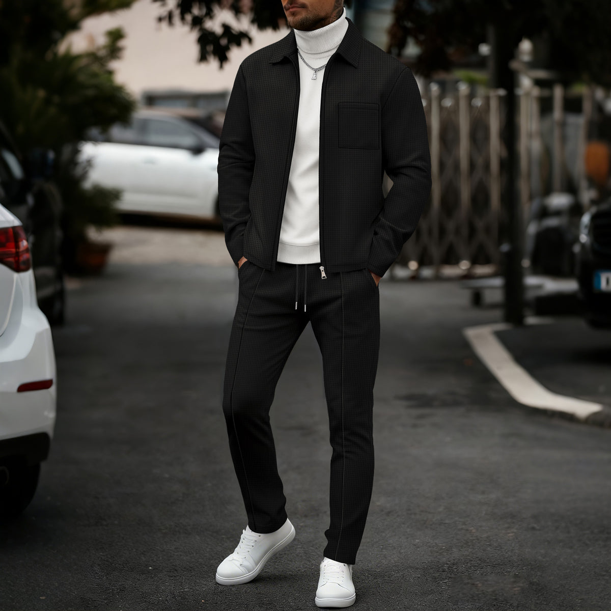 Men's lapel cardigan jacket and jogger-style trousers set, black color