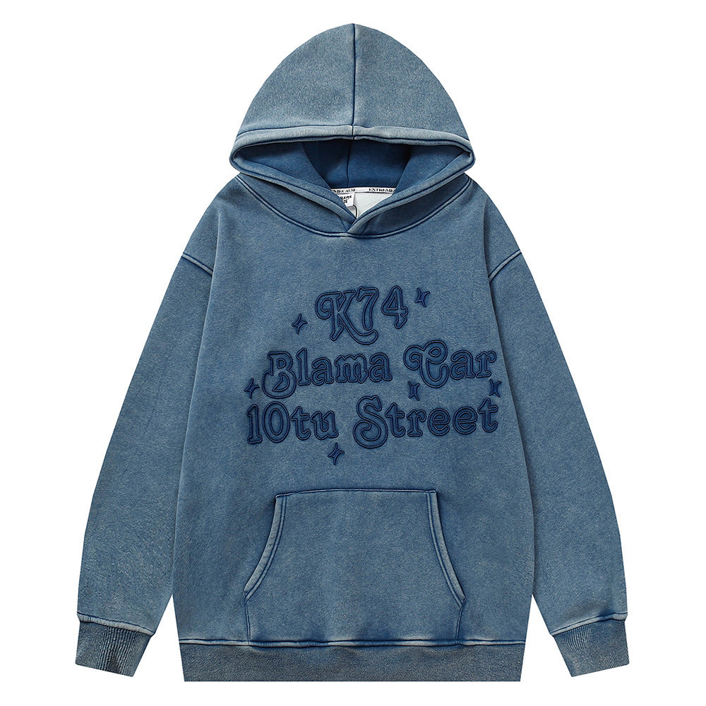 Distressed Fleece-lined Thickened Hooded Sweatshirt Men's Street Tide Brand Niche Loose Pullover Hoodie