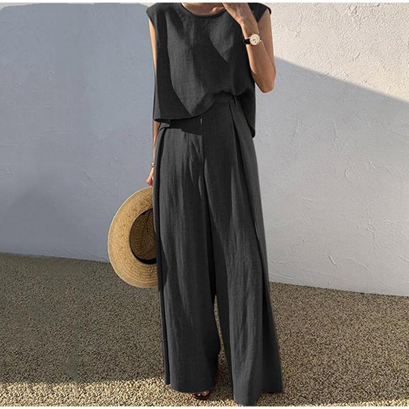 Black cotton-linen sleeveless top and wide-leg pants two-piece set, relaxed wide legs