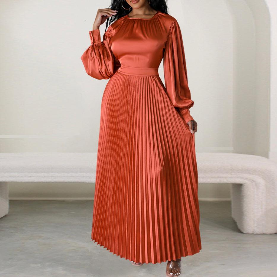 Waist Loose Long Sleeve Pleated Dress - WOMONA.COM