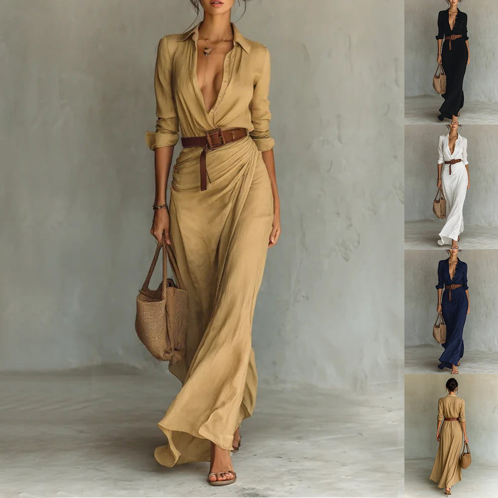 Women's Belted Asymmetric Long-Sleeve Shirt Dress – product view 1 | WOMONA
