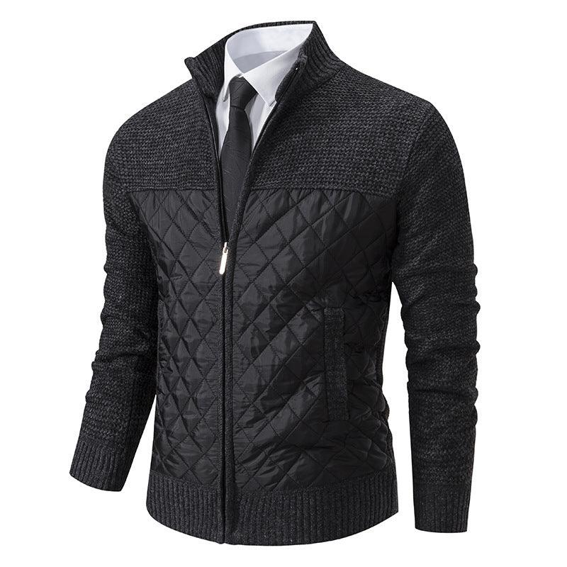 Dark gray zipped stand-collar sweater with quilted front panel and black center