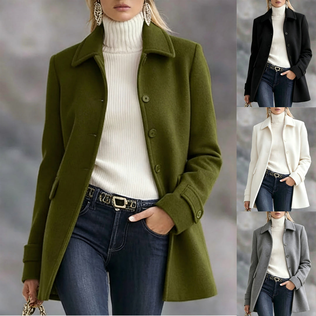 Army green mid-length wool coat with lapel and button front