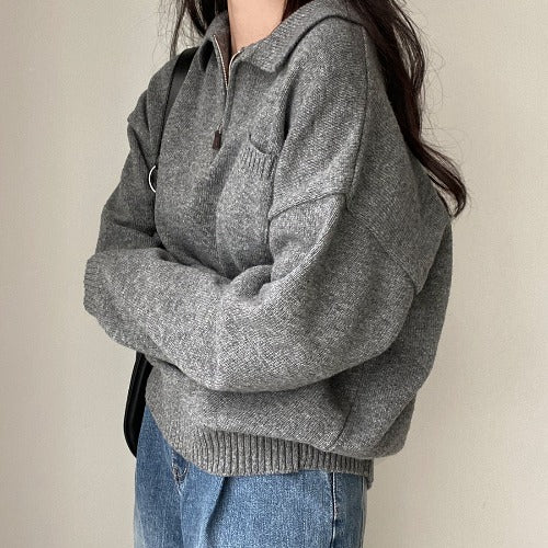 Women's One-Size Solid Half-Zip Sweater, Gray - product view 4