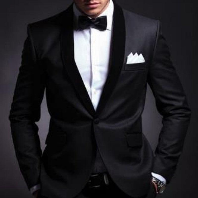 Men's black two-piece suit with bow tie, waistcoat, and white pocket square