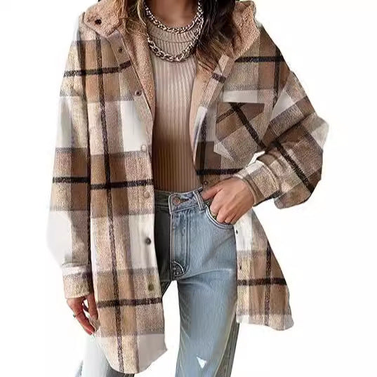 Chaqueta de franela a cuadros para mujer, manga larga, otoño