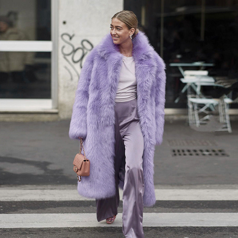 Women's bright faux fur lapel long coat