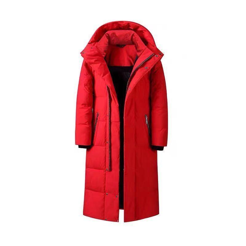 Red long puffer coat with hood, zip front, and side pockets