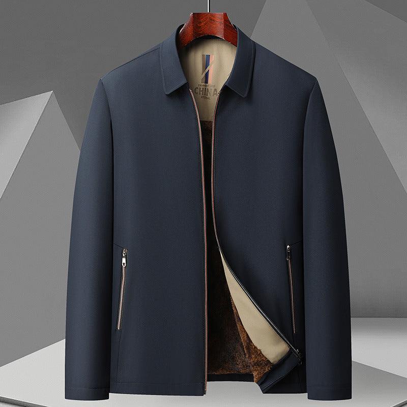Navy men’s fleece padded jacket with front zipper, stand collar, and side zip pockets