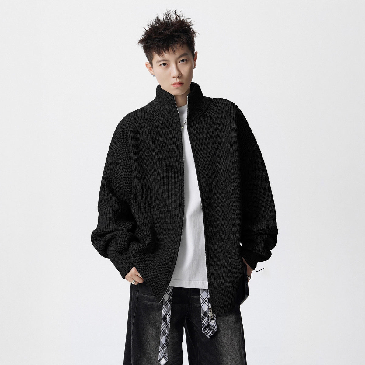Men's Stand-Collar Double-Zip Knit Cardigan, Black - product view 3