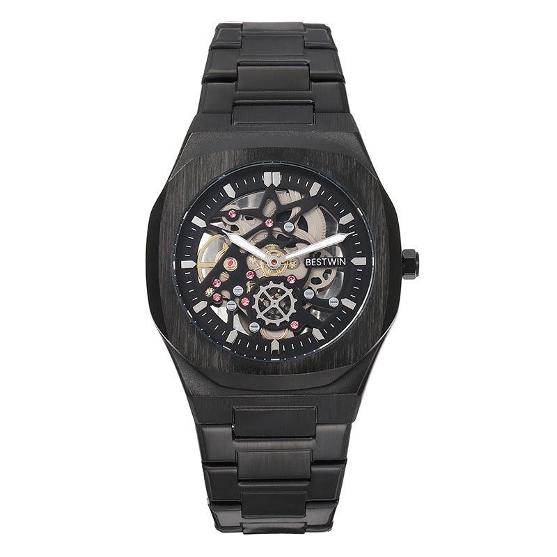 Men's fashion alloy watch with black metal band and dark skeleton dial