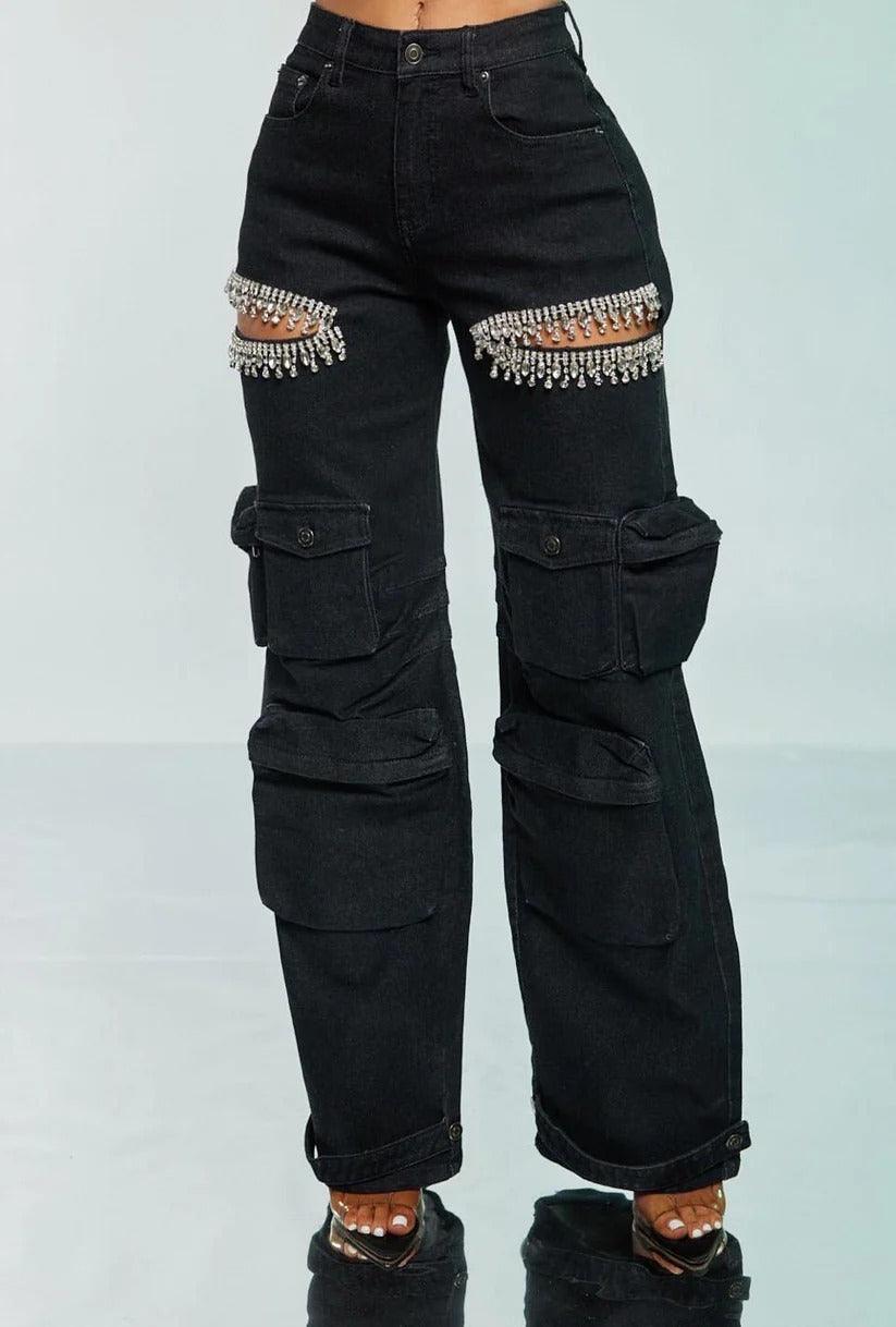 Black cargo jeans with diamond-stud side trim and multiple front pockets