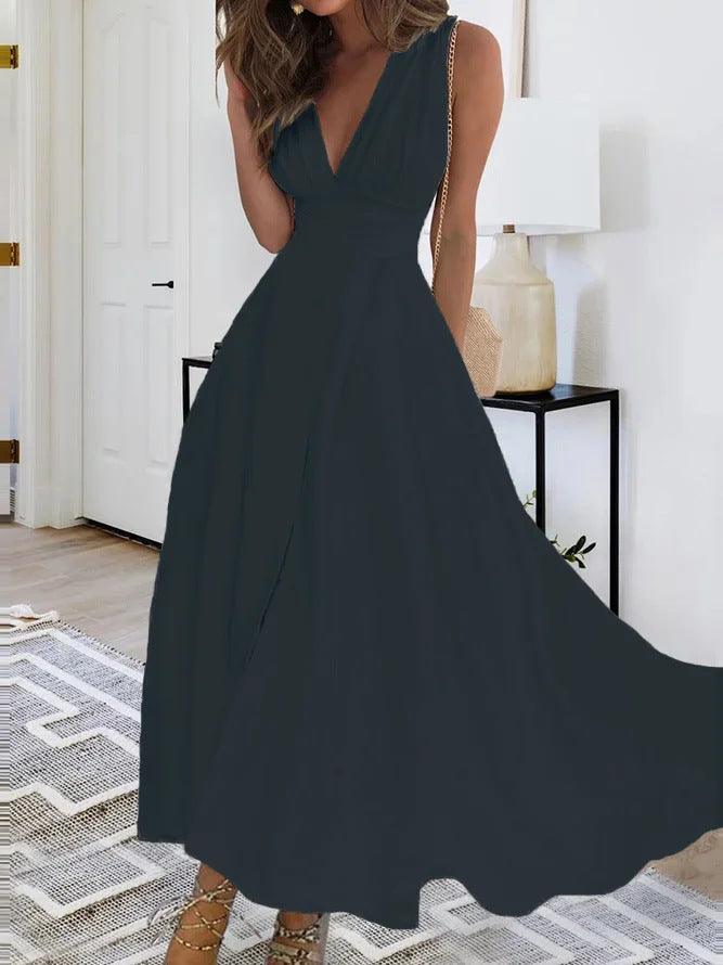 European And American V-neck Chest Wrap Dress - WOMONA.COM
