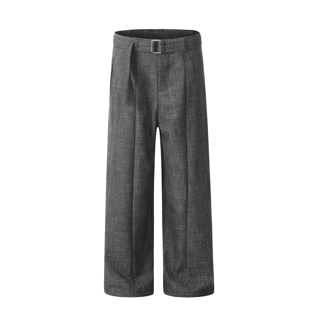 Gray loose straight suit pants with belt loops and center-front crease