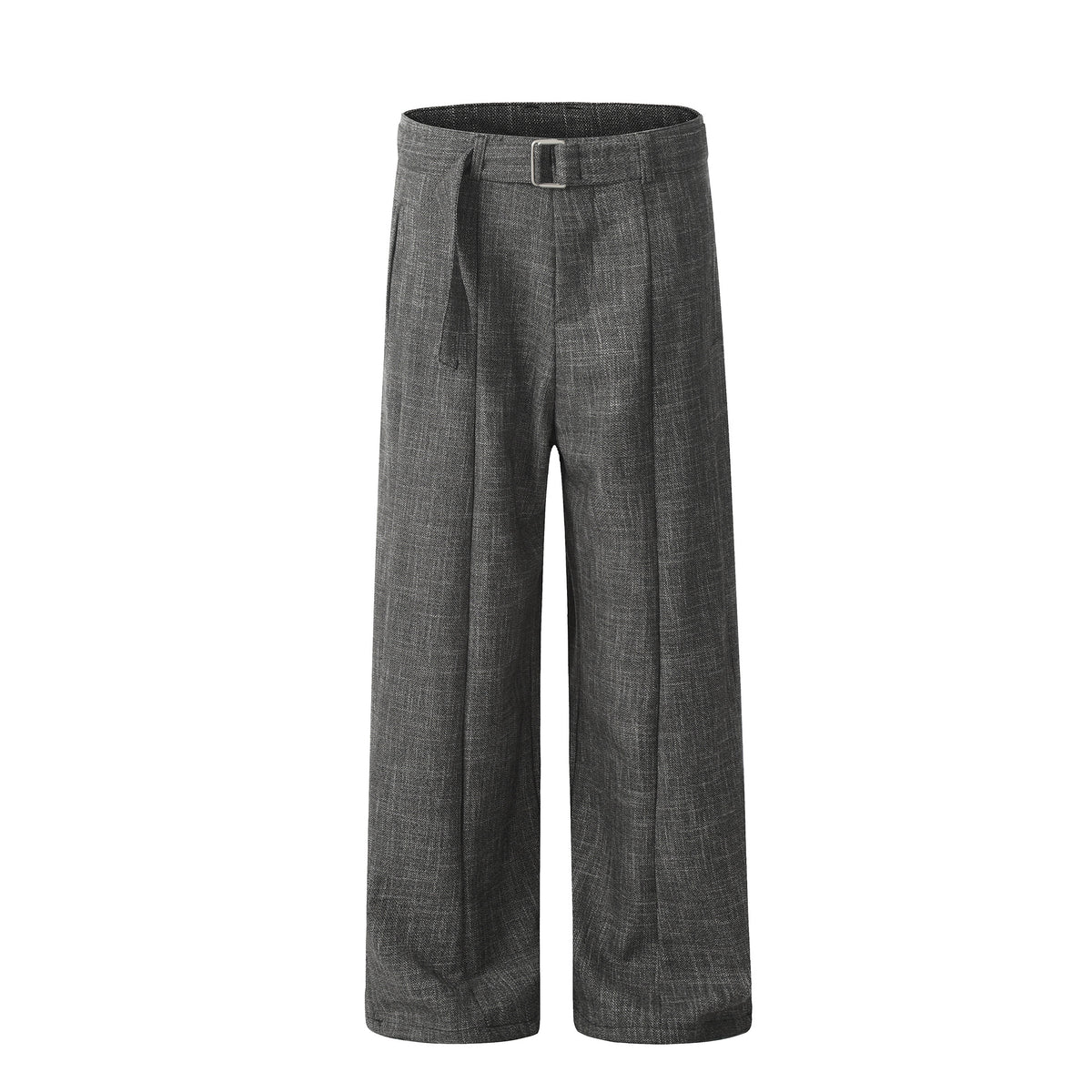 Gray loose straight suit pants front view with center crease and belt loops